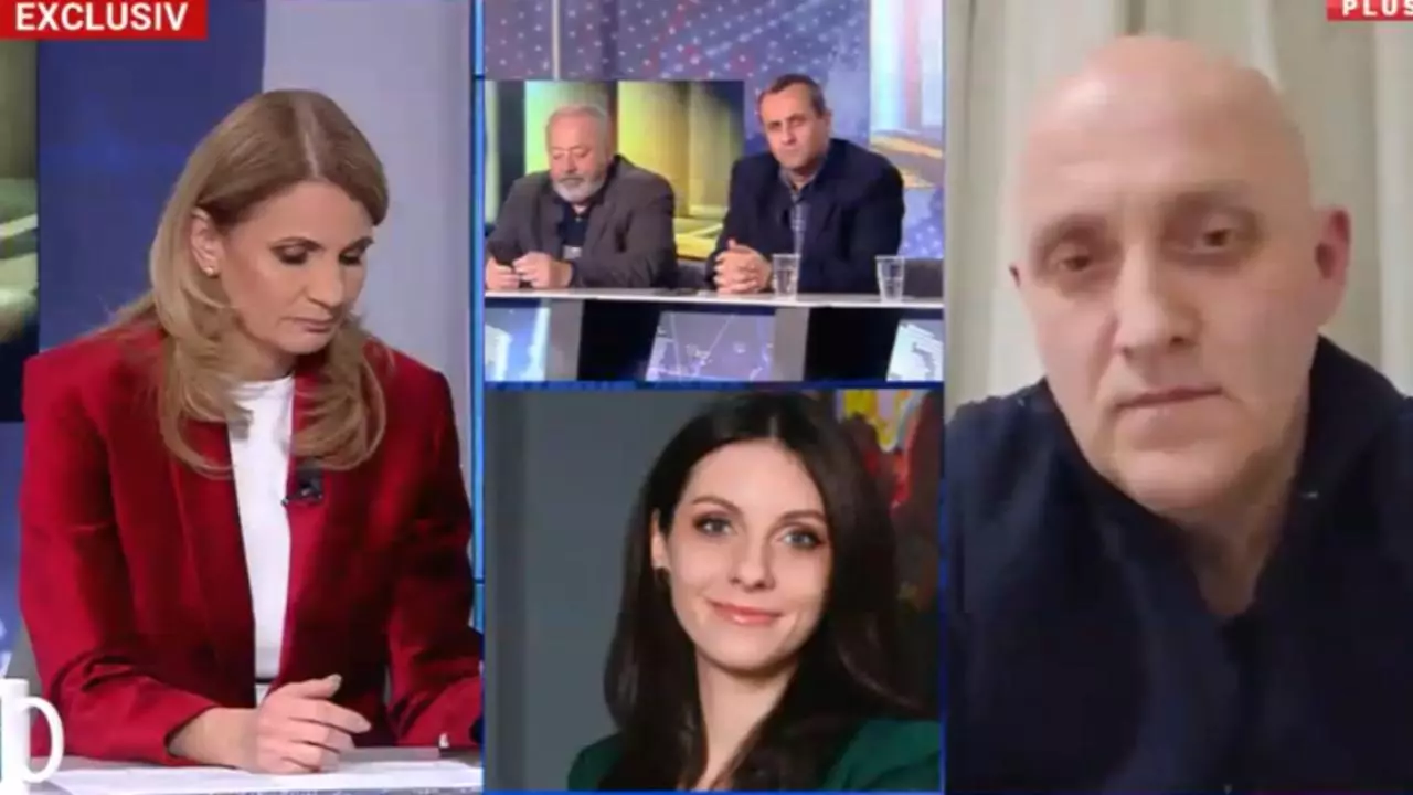 Captură de ecran din emisiunea 'Culisele Statului Paralel' cu Anca Alexandrescu intervievând pe Horațiu Potra și avocata acestuia, Cristiana Monda, alături de alte imagini adiționale