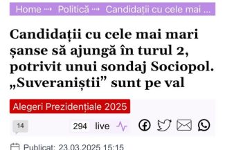 Captură de ecran din articolul Adevarul.ro despre sondajele Sociopol, cu titlul "Candidatii cu cele mai mari sanse să ajungă în turul 2, 'Suveraniștii' sunt pe val", reflectând suportul crescând pentru candidații independenți la alegerile prezidențiale din 202