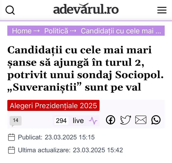 Captură de ecran din articolul Adevarul.ro despre sondajele Sociopol, cu titlul "Candidatii cu cele mai mari sanse să ajungă în turul 2, 'Suveraniștii' sunt pe val", reflectând suportul crescând pentru candidații independenți la alegerile prezidențiale din 202