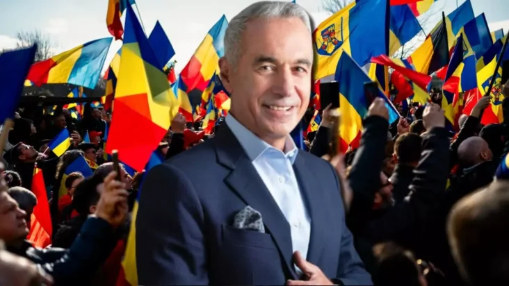 Călin Georgescu înconjurat de o mulțime de susținători agitând steaguri românești și europene, în timpul unui protest, zâmbind încrezător spre cameră.