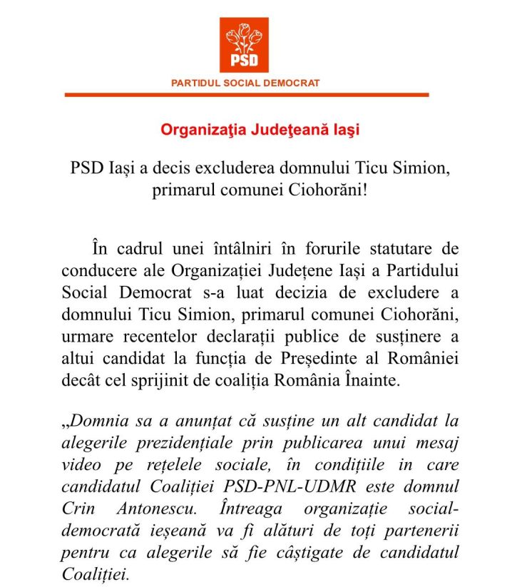 Postare Victor Ponta despre excluderea primarului Ticu Simion de către PSD Iași