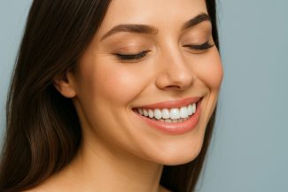 Femeie zâmbitoare cu dinți albi perfecți - rezultat fațete dentare ceramice