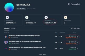 Captură de ecran Polymarket – tranzacții și pariuri pe alegerile prezidențiale din România, afișând volume de peste 2,6 milioane de dolari.