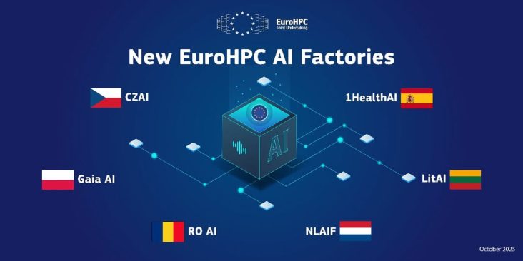 Vizualizare grafică a celor șase centre EuroHPC AI Factories, inclusiv RO AI Factory din România