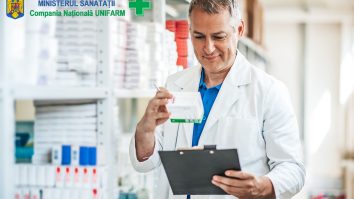 farmacist UNIFARM verificând medicamente într-un depozit al Companiei Naționale UNIFARM, simbol al calității și integrității în sistemul sanitar românesc