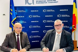 Adrian-Victor Vevera, Director General ICI București, semnează acordul de parteneriat cu reprezentantul Lunox International Holding S.E., în cadrul unei ceremonii oficiale la sediul ICI București, decembrie 2025.
