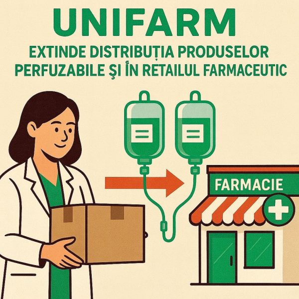 Imagine sub forma unui desen care exprima exiderea ditribuitiei produselor perfuzabile si in retailul farmaceutic, de catre unifarm