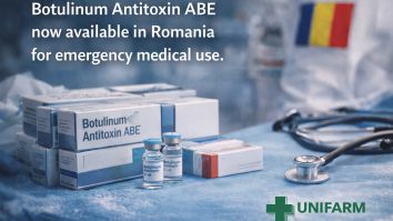 Botulinum Antitoxin ABE disponibilă în România pentru utilizare în urgențe medicale, alături de logo Unifarm.
