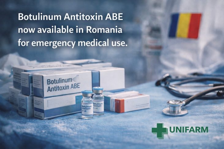 Botulinum Antitoxin ABE disponibilă în România pentru utilizare în urgențe medicale, alături de logo Unifarm.