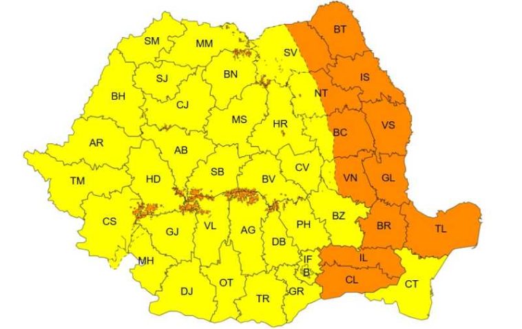 Avertizări Cod galben și Cod portocaliu de intensificări ale vântului, până luni la ora 2:00