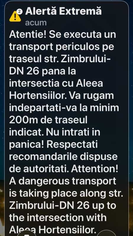 Galați: Mesaj RO-ALERT transmis de autorități cu privire la efectuarea unui transport periculos pe străzi din municipiu