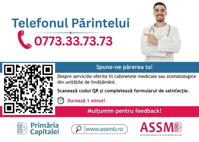 „Telefonul Părintelui”, proiect lansat de ASSMB în Capitală/ Iniţiativa vizează îmbunătăţirea serviciilor medicale şi stomatologice din şcolile de stat, prin implicarea activă a părinţilor