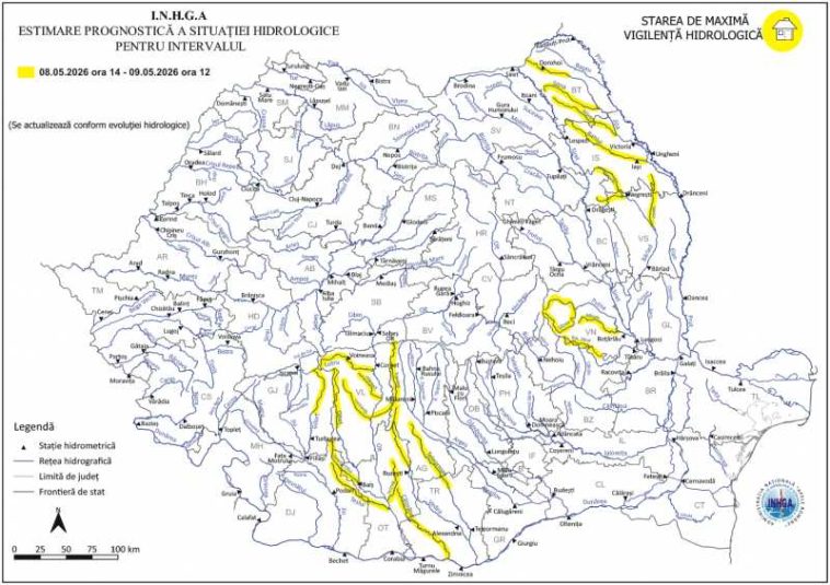 INHGA: Cod galben de viituri pe râuri dinn 13 județe, până sâmbătă la prânz
