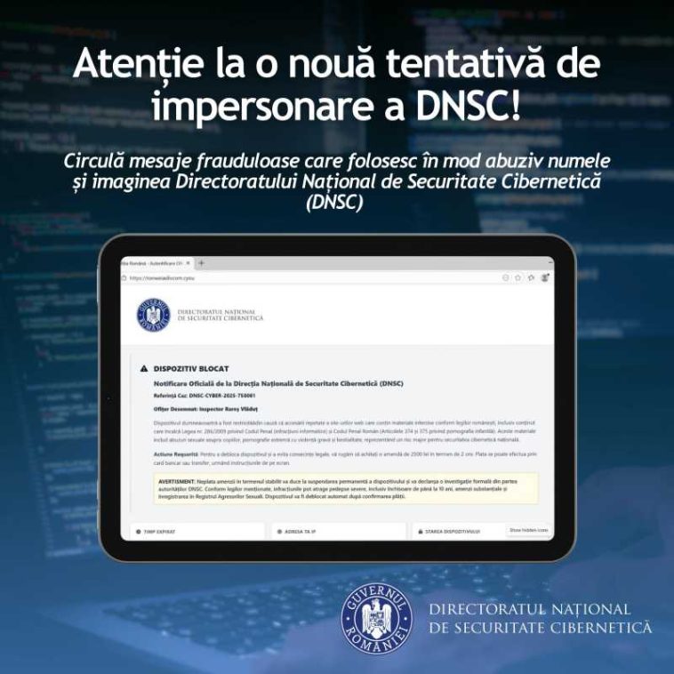 Mesaje frauduloase în mediul online, care folosesc în mod abuziv numele și elemente de identitate vizuală ale DNSC