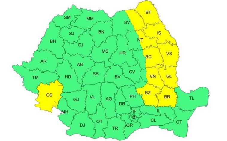 Cod galben de vânt în Moldova, nord-estul Munteniei și sudul Banatului, pe parcursul zilei de joi