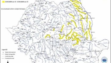 INHGA: Cod galben de viituri în bazine hidrografice din 16 județe, până sâmbătă la prânz