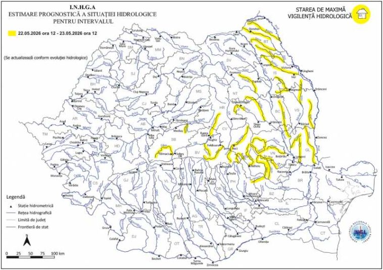INHGA: Cod galben de viituri în bazine hidrografice din 16 județe, până sâmbătă la prânz