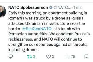 Dronă prăbuşită în Galaţi – Purtătorul de cuvânt al NATO: Secretarul General al NATO se află în contact cu autorităţile române. Condamnăm iresponsabilitatea Rusiei, NATO va continua să-şi consolideze apărarea