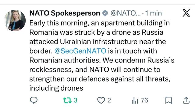 Dronă prăbuşită în Galaţi – Purtătorul de cuvânt al NATO: Secretarul General al NATO se află în contact cu autorităţile române. Condamnăm iresponsabilitatea Rusiei, NATO va continua să-şi consolideze apărarea