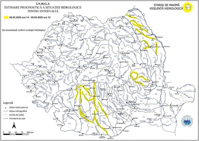 Institutul Naţional de Hidrologie şi Gospodărire a Apelor a emis cod galben de inundaţii pentru mai multe regiuni ale ţării