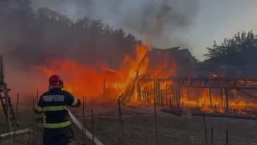 Puternic incendiu într-o localitate din judeţul Bistriţa-Năsăud, unde ard mai multe anexe – 50 de pui de găină şi 30 de miei nu au putut fi salvaţi – VIDEO