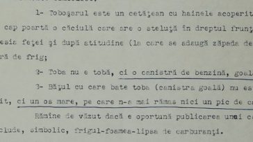 Cenzură la ”Urzica” în 1987 – Informator: În caricatură e prezentat un toboşar care bate toba – toboşarul pare că tremură de frig, toba e o canistră de benzină goală, ”băţul” cu care bate e un os mare, ”pe care n-a mai rămas nici un pic de carne”