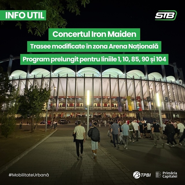 Concertul „Iron Maiden” pe Arena Naţională – Trasee modificate în zonă. Liniile 1, 10, 85, 90 şi 104 vor avea program de circulaţie prelungit