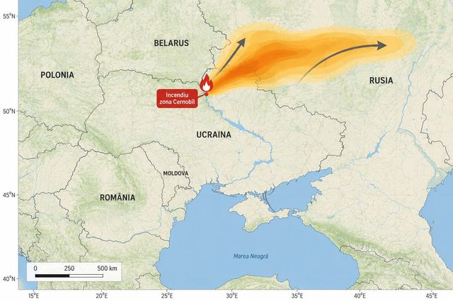 Incendiul din zona Cernobîl – Ministerul Mediului: Vântul va favoriza deplasarea norului de fum către Belarus, ulterior către nordul şi nord-estul Ucrainei şi sud-vestul Rusiei, fără impact asupra României, potrivit estimărilor ANM