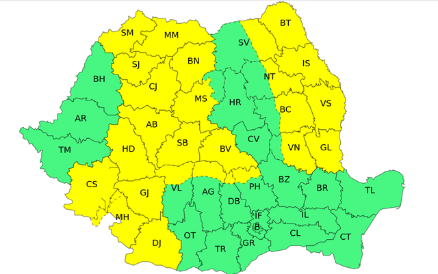 Intensificări de vânt în cea mai mare parte a ţării joi şi vineri, averse torenţiale, descărcări electrice şi izolat grindină în sud, pe arii restrânse