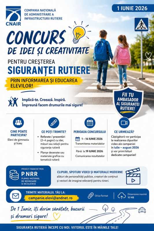 CNAIR lansează un concurs de idei și creativitate pentru creșterea siguranței rutiere prin informarea și educarea elevilor