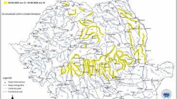 INHGA: Cod galben de inundații pe râuri din zece bazine hidrografice, până miercuri dimineața