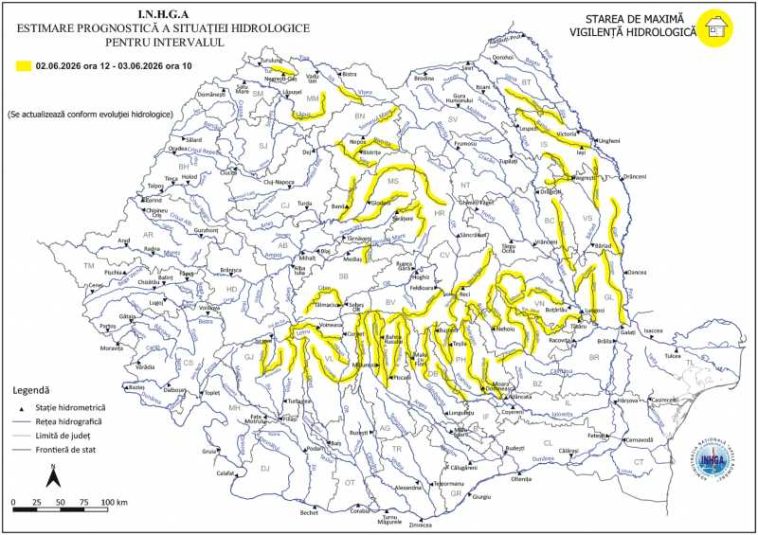 INHGA: Cod galben de inundații pe râuri din zece bazine hidrografice, până miercuri dimineața