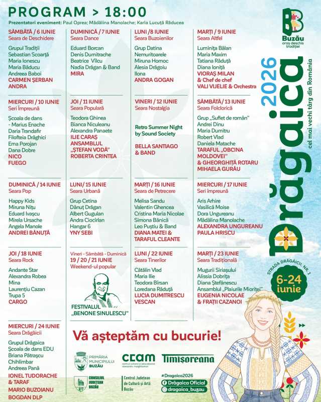 Buzău: Zeci de artiști vor participa la Târgul Drăgaica (6-24 iunie); bugetul festivalului – 1,4 milioane de lei