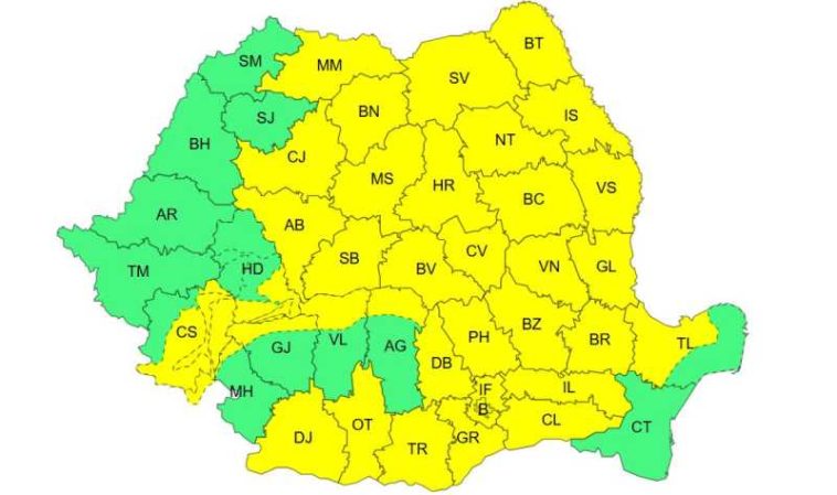 Cod galben de vreme instabilă în Moldova și în zone din Transilvania, Muntenia, Oltenia, Dobrogea și local în Maramureș