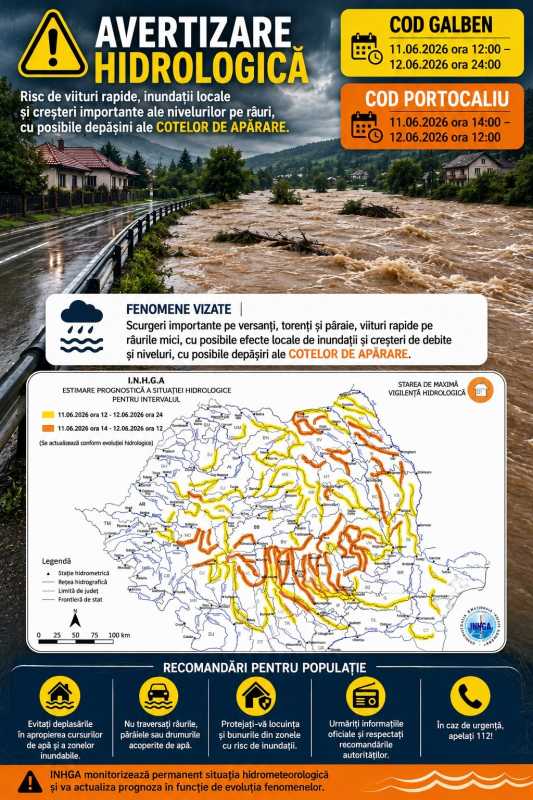 Cod portocaliu și Cod galben de inundații în cea mai mare parte a țării