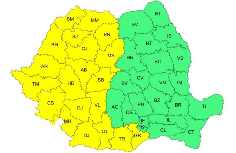 ANM: Cod galben de caniculă și disconfort termic accentuat în 20 de județe, duminică