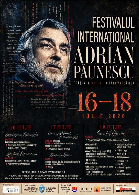 Dolj: Recitaluri folk, spectacole de poezie și un concurs național de interpretare la Festivalul Internațional ‘Adrian Păunescu’