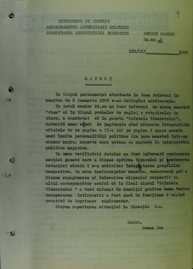 CNSAS publică documentul care arată că, în ianuarie 1989, din greşeală, ziarul ”Scânteia Tineretului” a postat fotografia lui Nicolae Ceauşescu într-un chenar negru – ”mort şi îngropat” / Intervenţie în miez de noapte a Securităţii