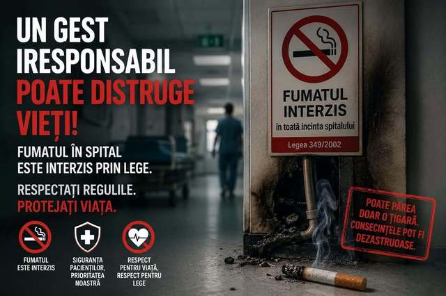 Situaţie de urgenţă la Spitalul Judeţean Bacău – Un incendiu s-a produs într-un grup sanitar, după ce un pacient ar fi fumat în baie şi ar fi aruncat ţigara nestinsă / Focul a fost stins de personal / Spitalul va sesiza Poliţia