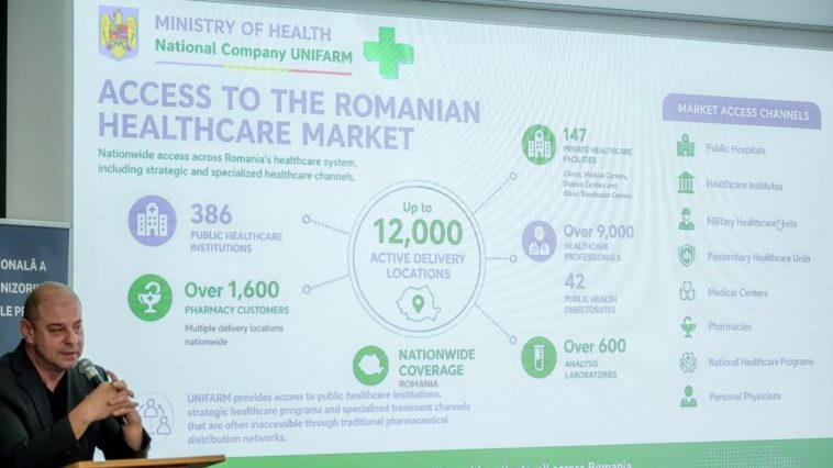 Dr. Adrian Marius Dobre, Director General UNIFARM, în cadrul Conferinței Naționale PALMED – Ediția XV, cu prezentare despre accesul la piața românească de sănătate.