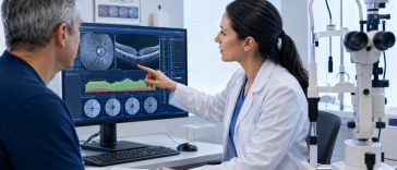 Medic oftalmolog explică unui pacient rezultatele OCT pentru evaluarea riscului de glaucom într-un cabinet modern.