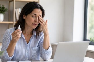 Femeie cu simptome de ochi uscat la birou, ținând picături oftalmologice lângă laptop