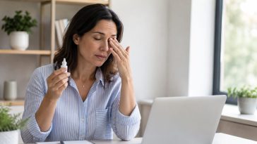 Femeie cu simptome de ochi uscat la birou, ținând picături oftalmologice lângă laptop