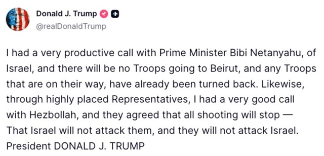 Trump anunţă că Israelul şi Hezbollahul i-au promis o liniştire şi că negocierile cu Iranul continuă