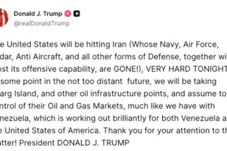 Trump ameninţă că atace că ”foarte puternic” Iranul ”în această seară”. El ameninţă să cucerească ”Insula Kharg şi alte infrastructuri petroliere strategice”, ”aşa cum am făcut cu Venezuela”