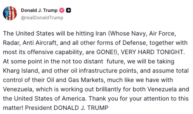 Trump ameninţă că atace că ”foarte puternic” Iranul ”în această seară”. El ameninţă să cucerească ”Insula Kharg şi alte infrastructuri petroliere strategice”, ”aşa cum am făcut cu Venezuela”