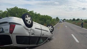 Impact între o maşină şi o căruţă, în Timiş/Autoturismul s-a răsturnat /  Două femei şi un bărbat au fost răniţi / Calul a murit – FOTO