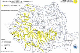 INHGA: Cod galben de inundații în 16 bazine hidrografice și pe afluenții mici ai Dunării, până joi la prânz
