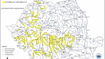 INHGA: Cod galben de inundații în 16 bazine hidrografice și pe afluenții mici ai Dunării, până joi la prânz