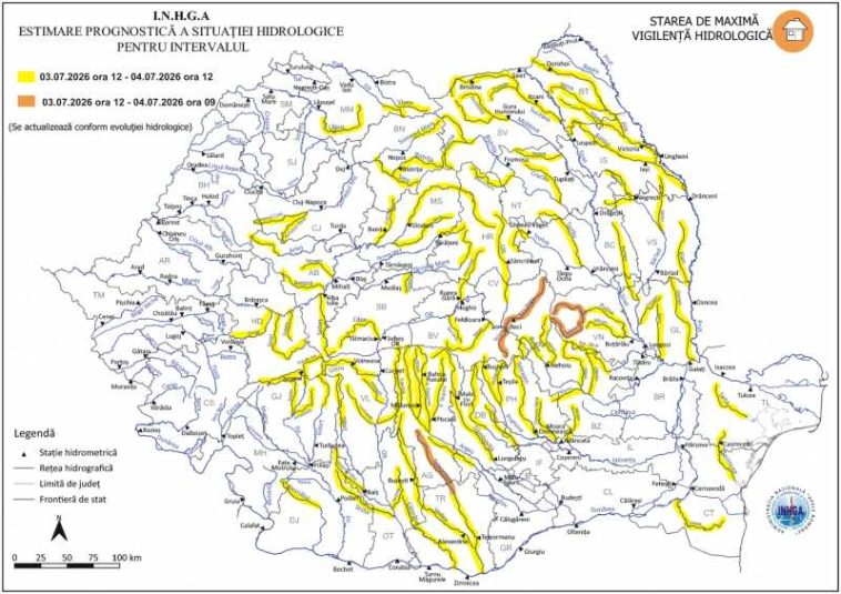 INHGA: Cod galben și Cod portocaliu de inundații în 13 bazine hidrografice și pe râurile din Dobrogea, până sâmbătă la prânz